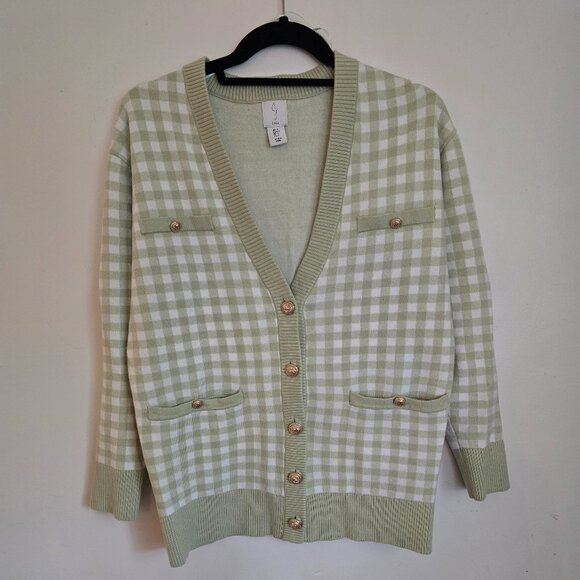 Women's Joie Green / White Checkered Cardigan Small Preppy Office Gold Buttons - Picture 1 of 6